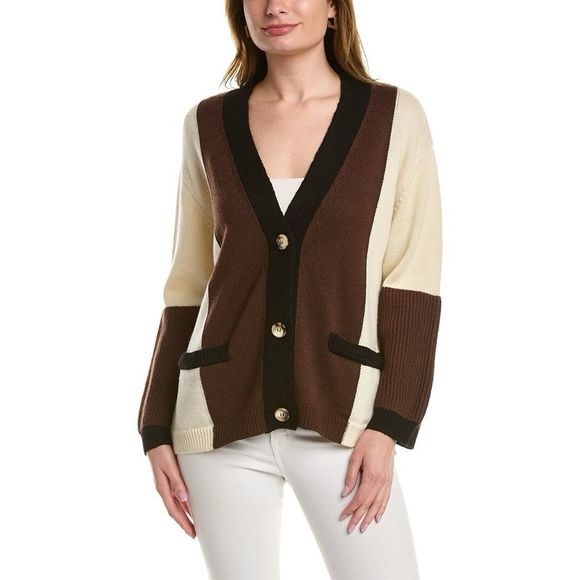 MARELLA Sweaters - MARELLA Brown and Cream Wool Cardigan